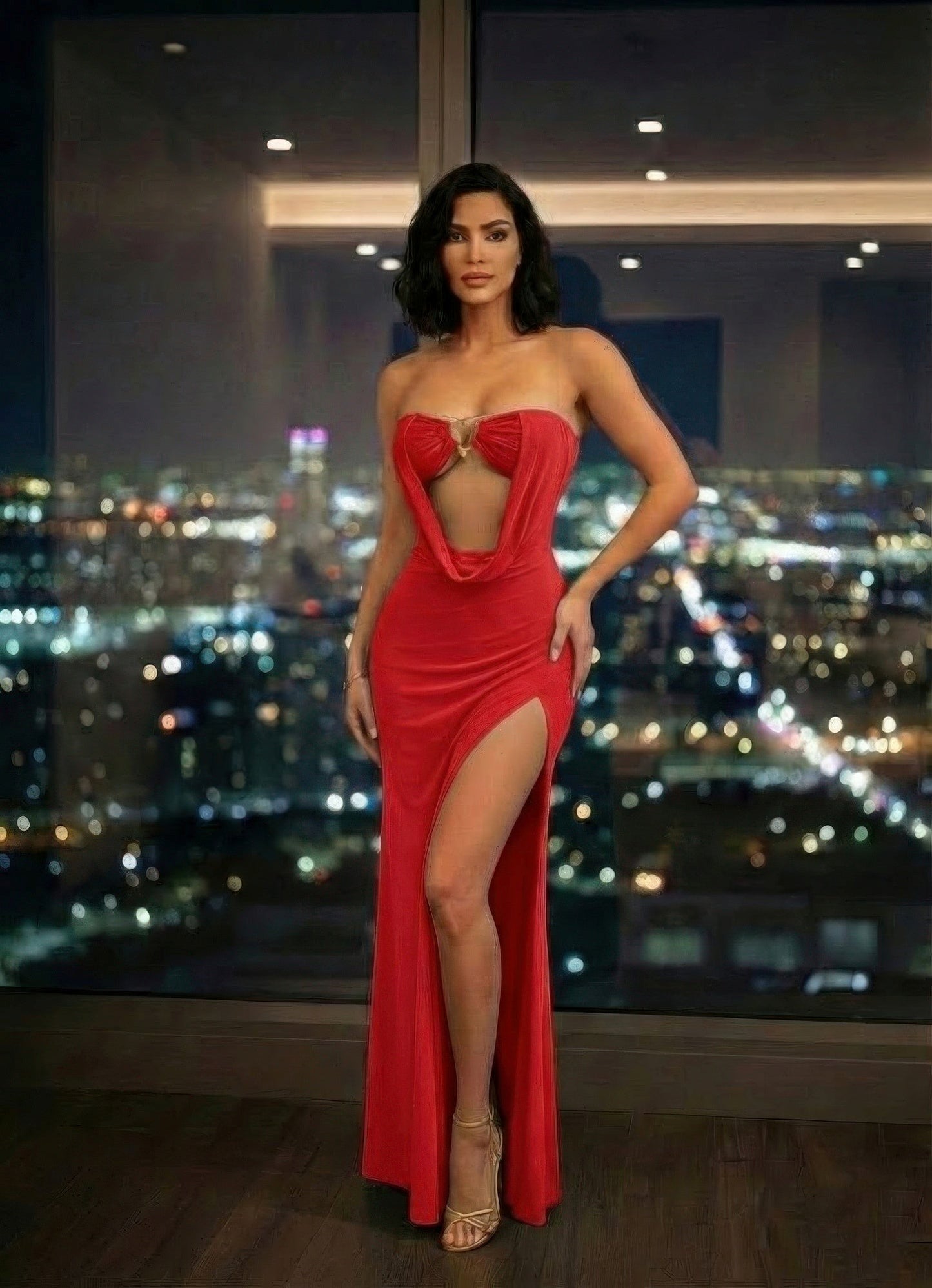 Elegant Strapless Cowl Neck Maxi Dress